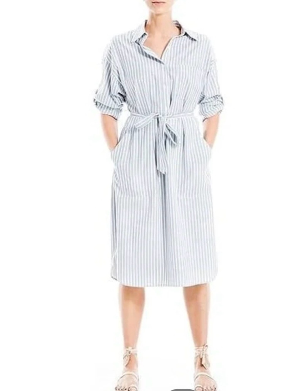 Max Studio Roll Tab Sleeve Striped Shirt Dress - Blue/White small